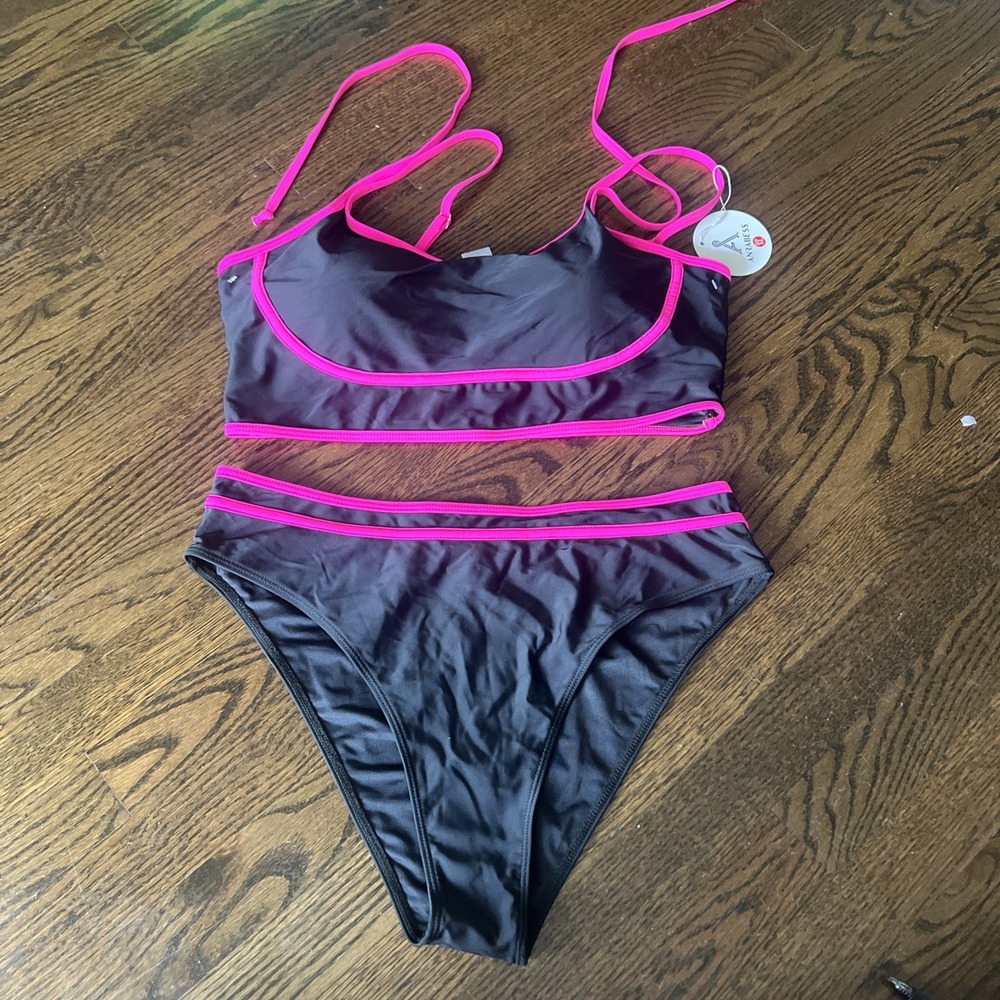 Anrabess Swimsuit Black And Hot Pink Two Piece Bikini Size Xl NWT